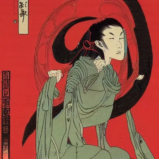 Prompt: a stunning portrait of a sci fi female oracle of flames by moebius hd wallpaper ukiyo - e oil on canvas matte illustration poster character art