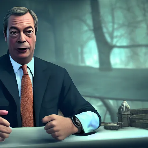 Prompt: nigel farage in skyrim splash art, movie still, cinematic lighting, dramatic, octane render, long lens, shallow depth of field, bokeh, anamorphic lens flare, 8 k, hyper detailed, 3 5 mm film grain