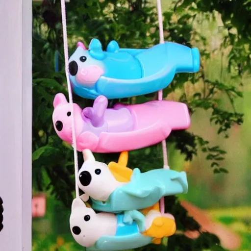 Image similar to some cute plastic toys that look like animal characters hanging laundry in the backyard, pastel colors