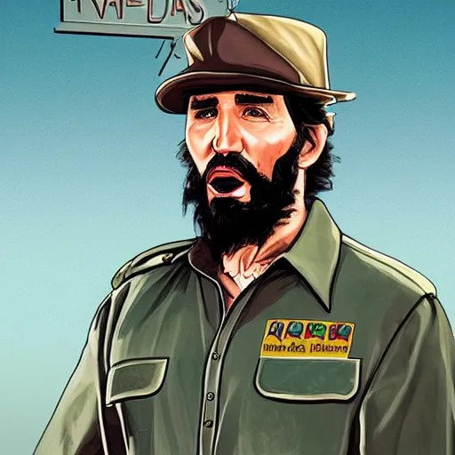 Image similar to justin trudeau as fidel castro in GTA V, cover art by Stephen Bliss, no text