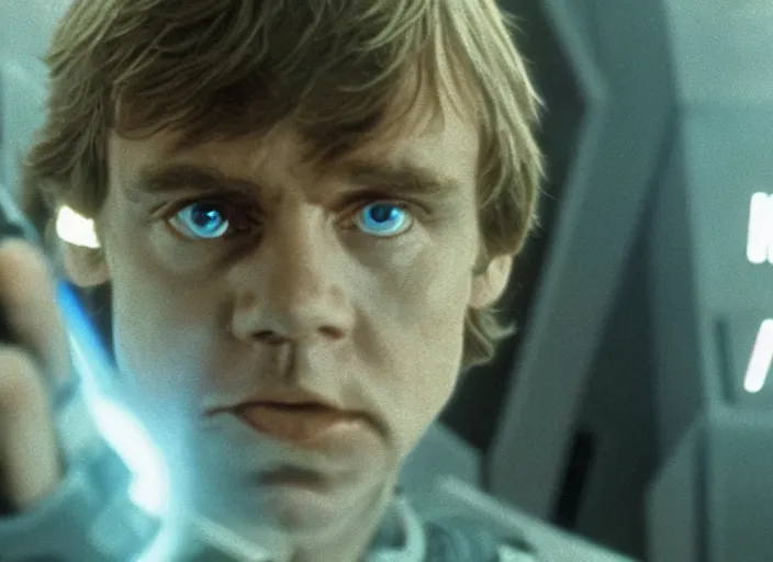 Image similar to screenshot from the lost star wars film, blue transparent hologram of Luke Skywalker, iconic scene from Star Wars, directed by Stanely Kubrick, moody cinematography, with anamorphic lenses, crisp, detailed, 4k