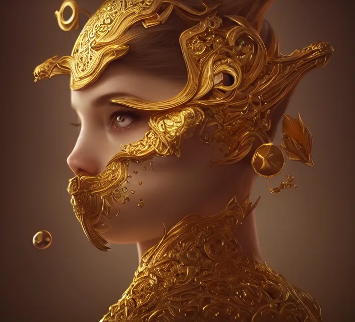 Prompt: cute anthropomorphic treasure by charlie bowater and anna dittmann and artgerm and clemens ascher, portrait, intricate, elegant, gold mist, product shot, macro, symmetrical face, highly detailed, dramatic lighting, sharp focus, octane render, trending on artstation, artstationhd, artstationhq, unreal engine, 4 k, 8 k