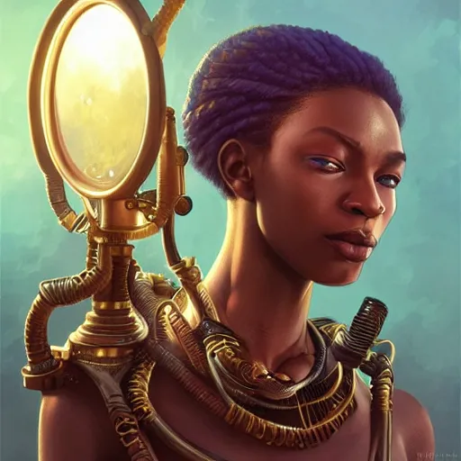 Image similar to african steampunk alchemist, science fiction, highly detailed, digital painting, beautiful eyes, symmetry, concept art, sharp focus, illustration, global illumination, radiant light, detailed and intricate environment, art by artgerm and greg rutkowski and magali villeneuve and ilya kuvshinov!