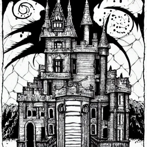 Image similar to demon all black house cat sitting on top of a castle, style of kentaro miura!!!!, black and white