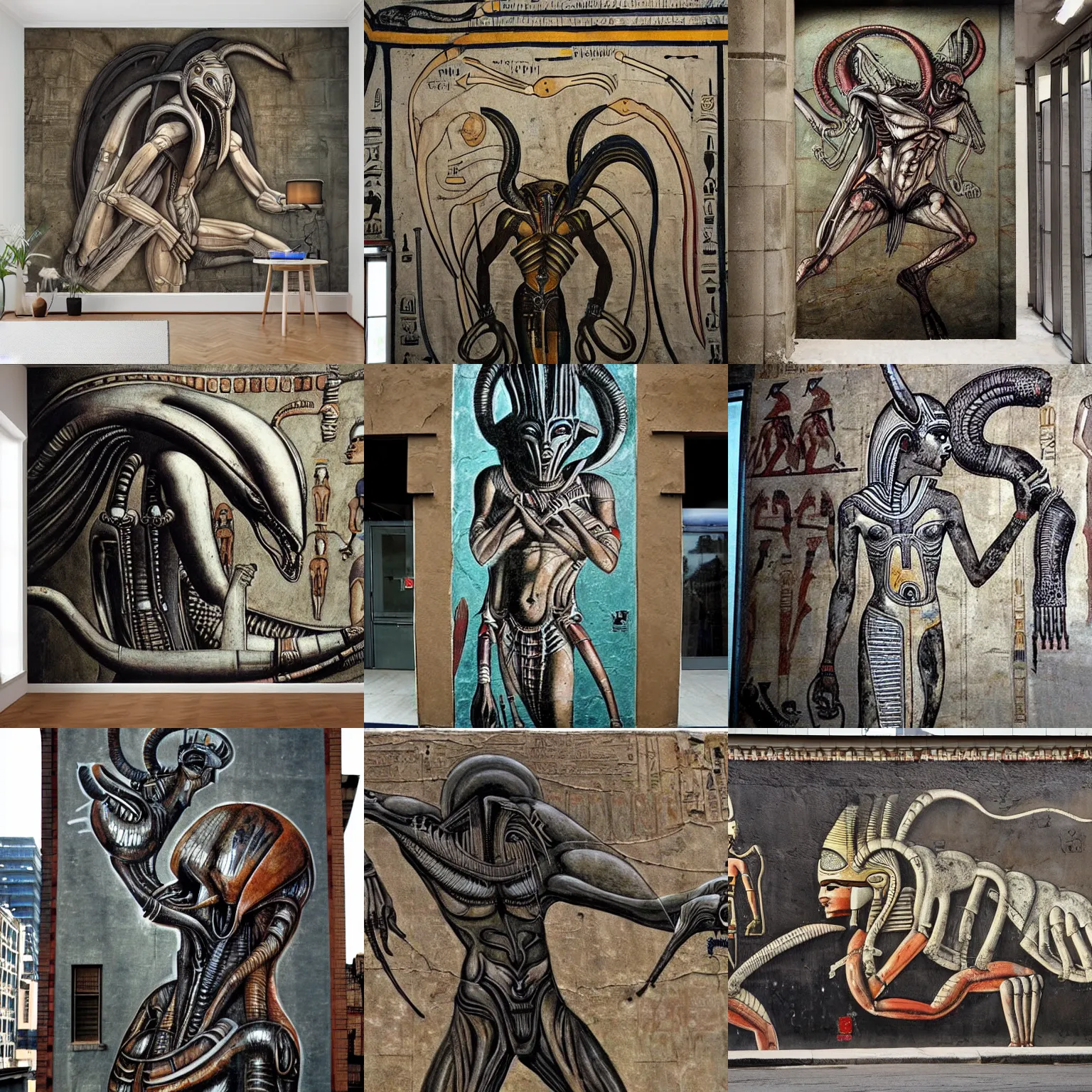 Prompt: ancient egyptian art of [ xenomorph by giger ] from alien movie, as a mural