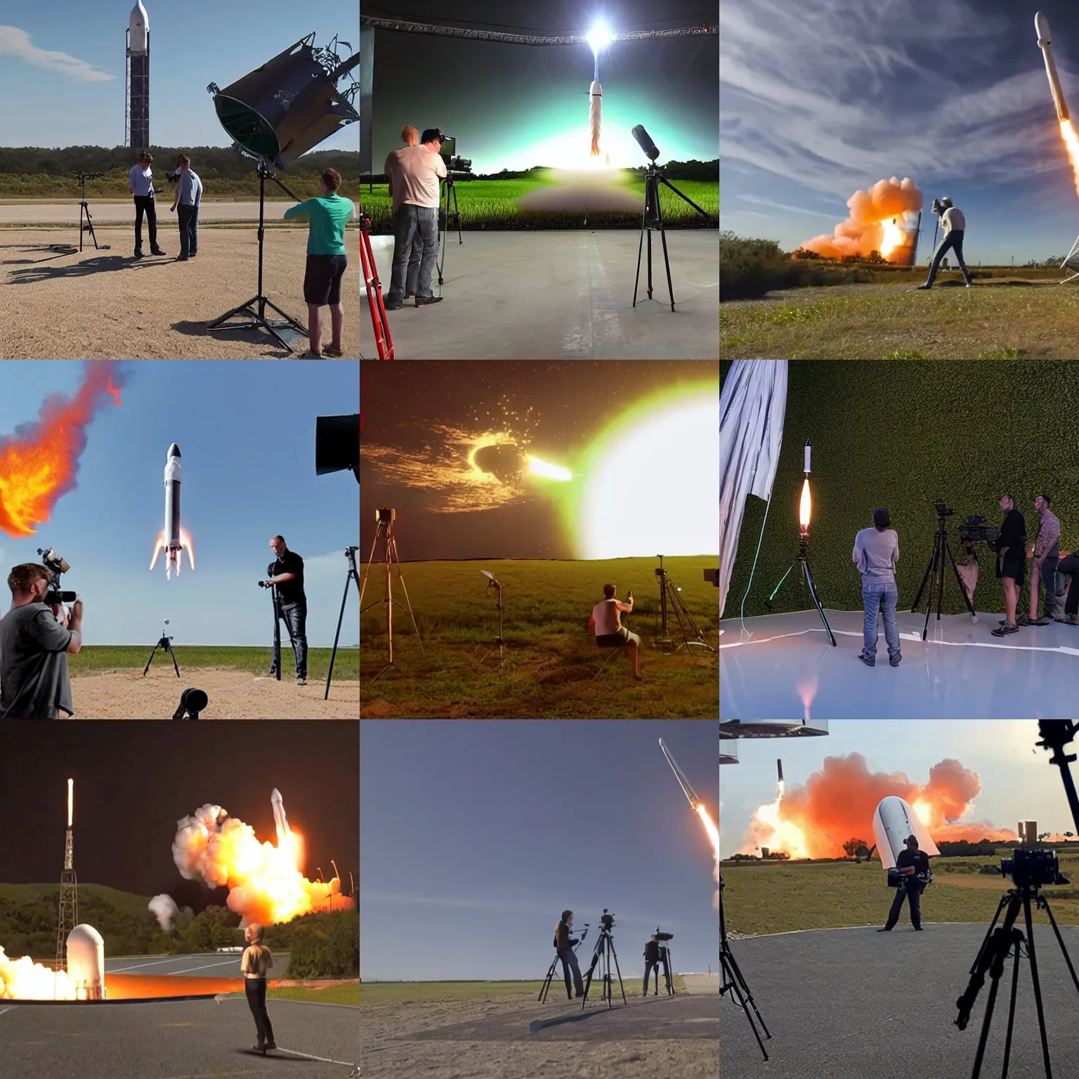 Prompt: A visual effects team filming a model SpaceX rocket booster landing in front of a green screen with fire shooting out the bottom