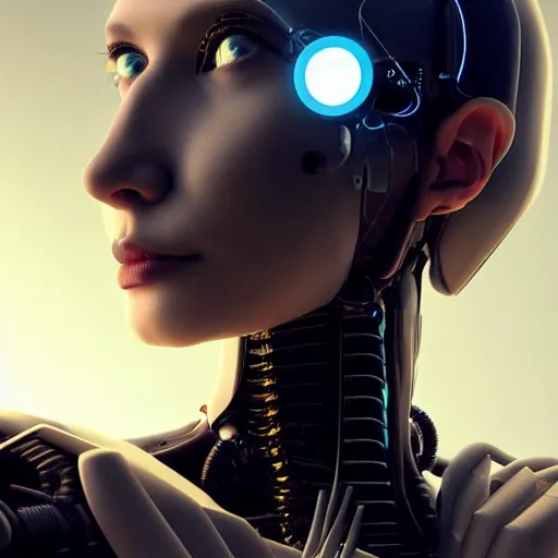 Image similar to Perfectly-Centered Portrait-Photograph of Mechanical Cyberpunk Female Android, upper torso, upper body, intricate, elegant, super highly detailed, professional digital painting, artstation, concept art, smooth, sharp focus, no blur, no dof, extreme illustration, Unreal Engine 5, Photorealism, HD quality, 8k resolution, cinema 4d, 3D, beautiful, cinematic, art by artgerm and greg rutkowski and alphonse mucha and loish and WLOP