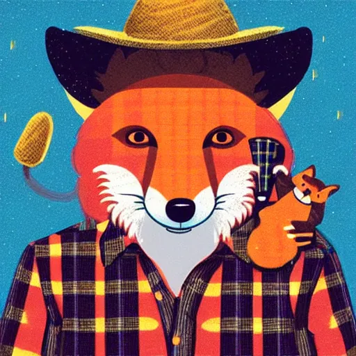 Prompt: a female fluffy anthropomorphic fox animal, head of fox, wearing cowboy hat, wearing plaid shirt, playing guitar, in a field, barn in background, album cover style