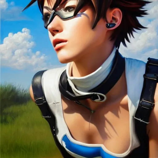 Image similar to oil painting of tracer overwatch in a field, in style of mark arian, expressive face, very detailed face, wearing leather choker, very detailed eyes, full body, feminine face, detailed makeup on eyes,