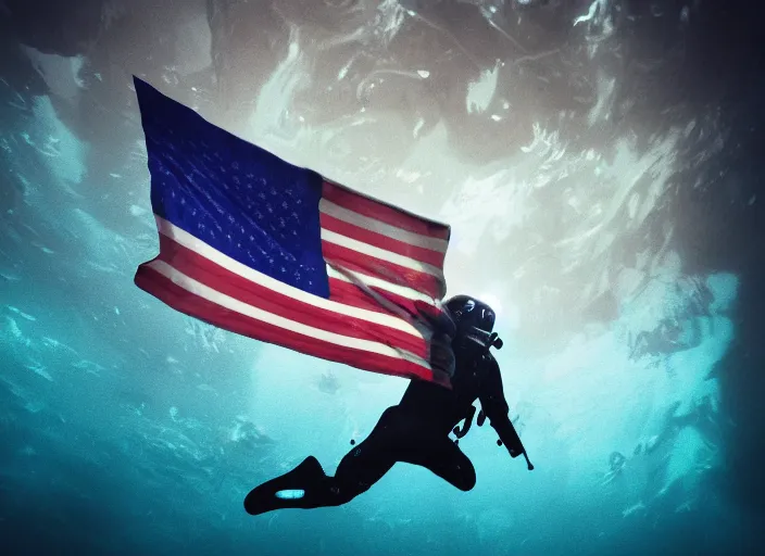 Image similar to dark claustrophobic underwater photo of an astronaut underwater putting a flag on the bottom of the ocean. in the background, a submarine is visible. dark, concept art, cinematic, dramatic, blender, photorealistic, octane render, 8 k, volumetric lighting, trending on artstation