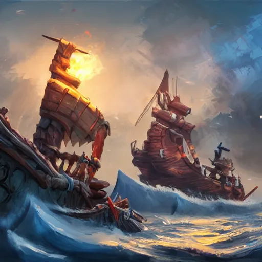 Image similar to arcane style viking battleship, viking cannons, viking spears and axes. spear and axes, blue sea waves background, bright art masterpiece artstation. 8 k, sharp high quality artwork, concept art by tooth wu, blizzard warcraft artwork, hearthstone card artwork