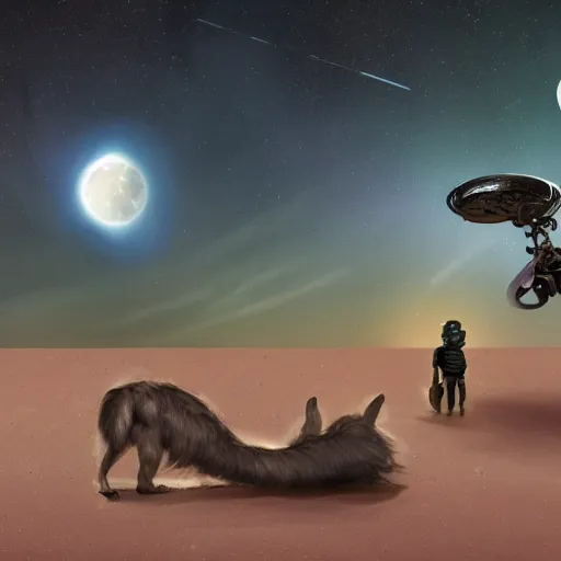 Prompt: Photo of a cyborg and his robo-dog sitting on the ground facing back on a far away planet at night looking at the galaxy to see a giant green moon