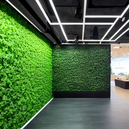 Prompt: interior photography of a Microsoft Samsung flagship store, black walls, textures, wood, polished concrete, spotlights, verdant plants green wall, water feature, award winning interior design, patterns, retaildesignblog, dezeen, 14mm, 8k, cinestill, pentax, film