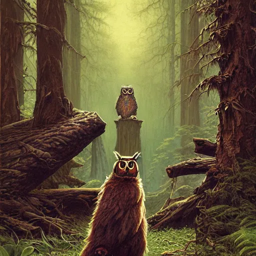 Image similar to three quarter portrait of an owlbear in the forest, d & d, fantasy, michael whelan,