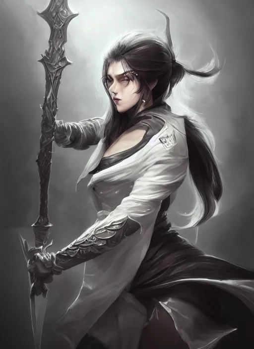 Image similar to a highly detailed illustration of fierce messy ponytail black haired one armed delinquent woman wearing long white coat cape, dramatic wielding sword pose, muscular, intricate, elegant, highly detailed, centered, digital painting, artstation, concept art, smooth, sharp focus, league of legends concept art, wlop.