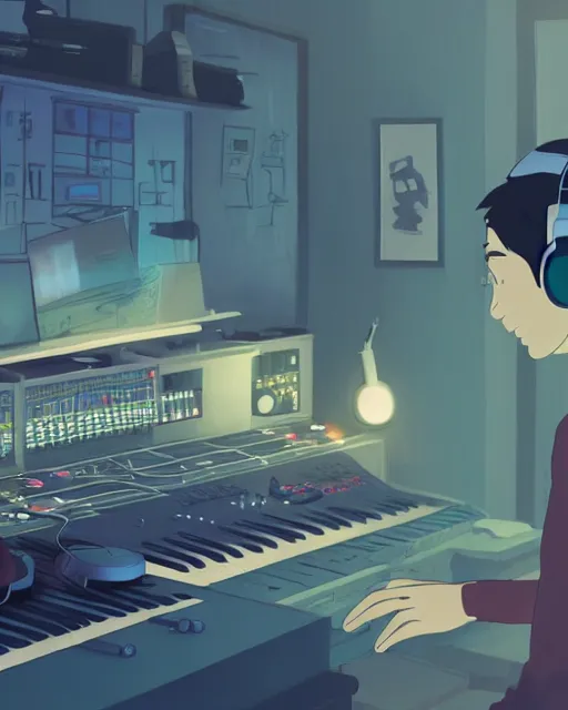 Image similar to man with headphones at his home studio producing music late at night, very detailed, 4 k, cory loftis, james gilleard, atey ghailan, makoto shinkai, goro fujita, studio ghibli, rim light, exquisite lighting, clear focus, very coherent