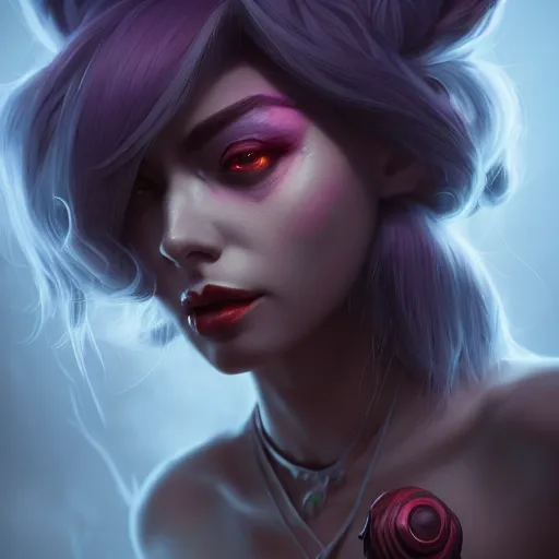 Image similar to Portrait of Kai'sa from league of legends, anger, mystery, fear, highly detailed, ominous vibe, smoke, octane render, cgsociety, artstation, trending on ArtStation, by Marie Magny