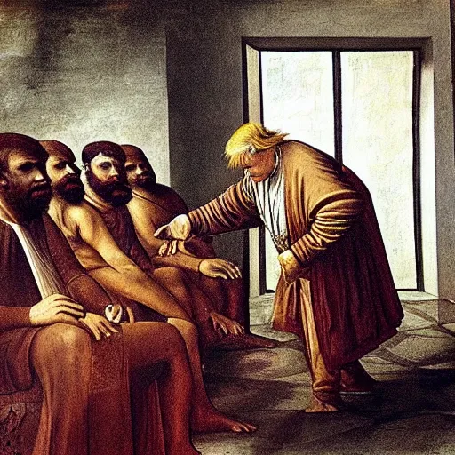 Image similar to a beautiful painting of donald trump being one of the consultants in an indian scam center, by leonardo da vinci, ultra - detailed, 8 k