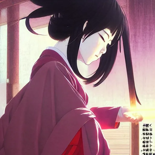 Prompt: manga anime art, beautiful female priestess sweeping the floor of a japanese monastery. art by wlop, ilya kuvshinov, artgerm, krenz cushart, greg rutkowski, hiroaki samura, range murata, james jean, katsuhiro otomo, erik jones.