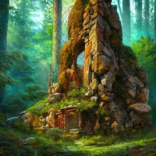 Prompt: an old megalithic artifact overtaken by nature, deep in the forest, vibrant colors, sunny day, by max hay, intricate, detailed, photorealistic imagery, artstation