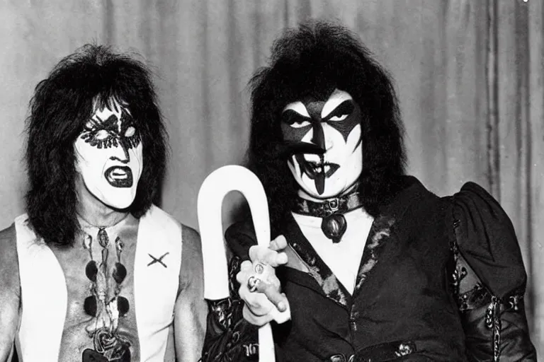 Image similar to 1 9 3 0 s photograph of paul stanley and gene simmons wearing terrifying handmade halloween costumes