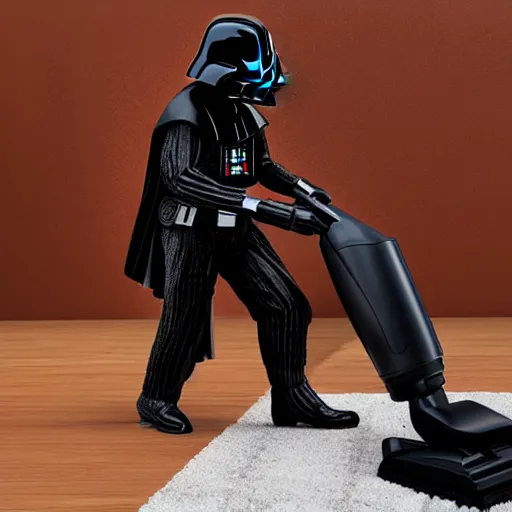 Image similar to Darth Vader vacuuming the house, photo realistic, award-winning, highly-detailed