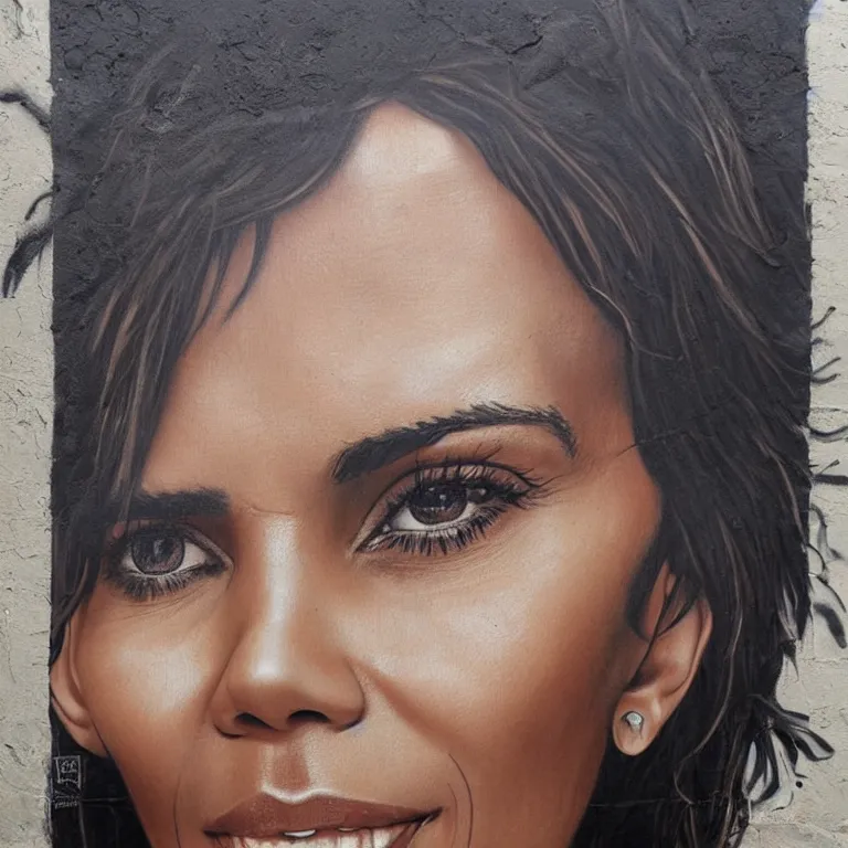 Prompt: Street-art portrait of Halle Berry eyes in style of JR, photorealism