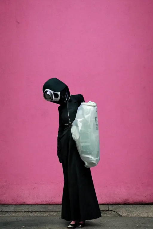 Image similar to a surreal portrait of a woman wearing a gas mask stuck in trash next to a pink wall in the style of brooke didonato, editorial fashion photography from vogue magazine, full shot, nikon d 8 1 0, ƒ / 2. 5, focal length : 8 5. 0 mm, exposure time : 1 / 8 0 0, iso : 2 0 0