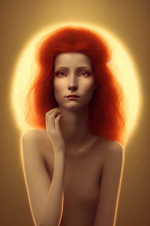 Image similar to Bioluminescent, portrait of redhead woman, very intricate , very elegant, in the golden hour by Daniel Merriam, Trending on Artstation, oil on Canvas by Elena Zhurikhina and Goro Fujita and Charlie Bowater, octane render, 4k, 8k, HD