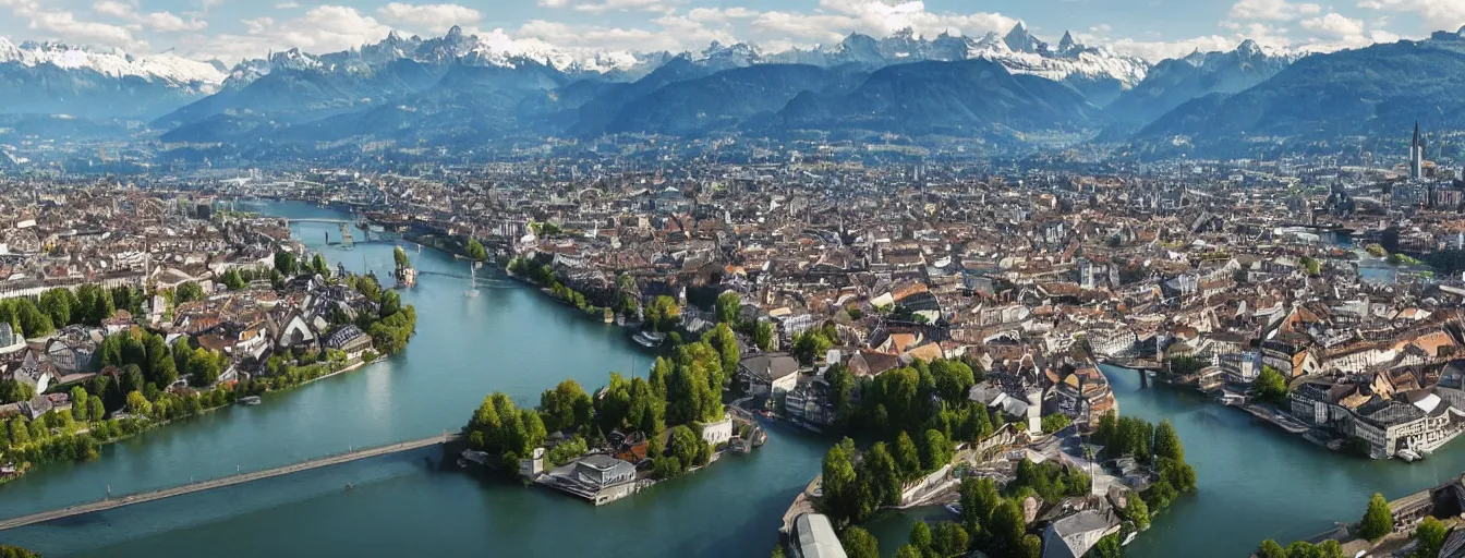 Image similar to Photo of Zurich, looking down the Limmat and the lake and the alps, wide angle, volumetric light, hyperdetailed, light blue water, artstation, cgsociety, 8k