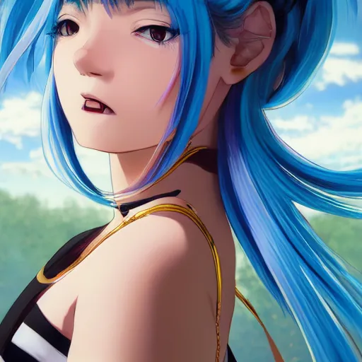 Image similar to profile shot of rimuru tempest, sky blue hair, ponytail, long bangs, gold eyes, black jacket with white stripes and a high collar, highly detailed, roman city, professional art, concept art, shutterstock, cinematic, wlop | art by pixiv, ilya kuvshinov, greg rutkowski, yoshitaka amano