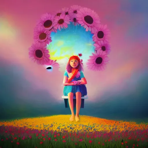 Prompt: giant daisy flower head, girl sitting in a flower field, surreal photography, sunrise, dramatic light, impressionist painting, colorful clouds, digital painting, artstation, simon stalenhag