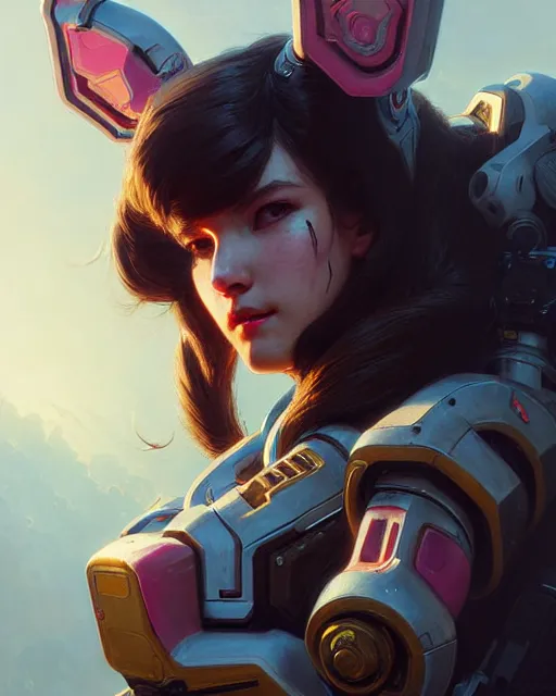Image similar to d. va from overwatch, character portrait, concept art, intricate details, highly detailed by greg rutkowski, michael whelan and gustave dore