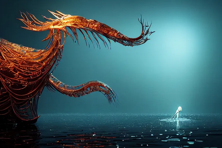 Image similar to creature in a alaska, water reflection, backlit, warm tones, bioluminescent bioluminescent translucent translucent : : by michal karcz, daniel merriam, victo ngai and guillermo del toro : : ornate, dynamic, particulate, intricate, elegant, highly detailed, centered, artstation, smooth, sharp focus, octane render, 3 d