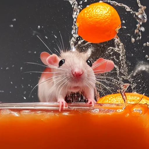 Prompt: a rat being drenched in an orange soda waterfall, cinematic lighting