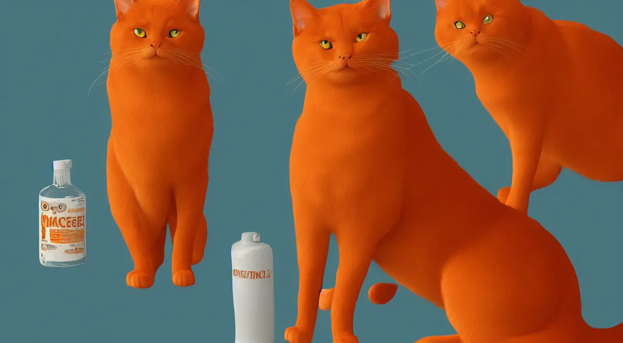 Prompt: a cat standing next to a bottle of medicine. orange cat. animal. digital art. artstation. close up.