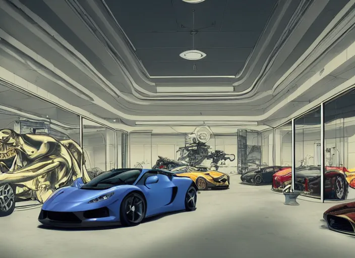 Image similar to large fancy showroom for cars but no people and no cars. sharp focus, cinematic pose, cinematic lighting, unreal engine render. art by josan gonzales and moebius and deathburger.
