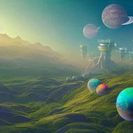 Prompt: a highly detailed 3 d render of colorful solarpunk planets, matte painting, dreamy ethereal vibes, trending on artstation, 8 k,