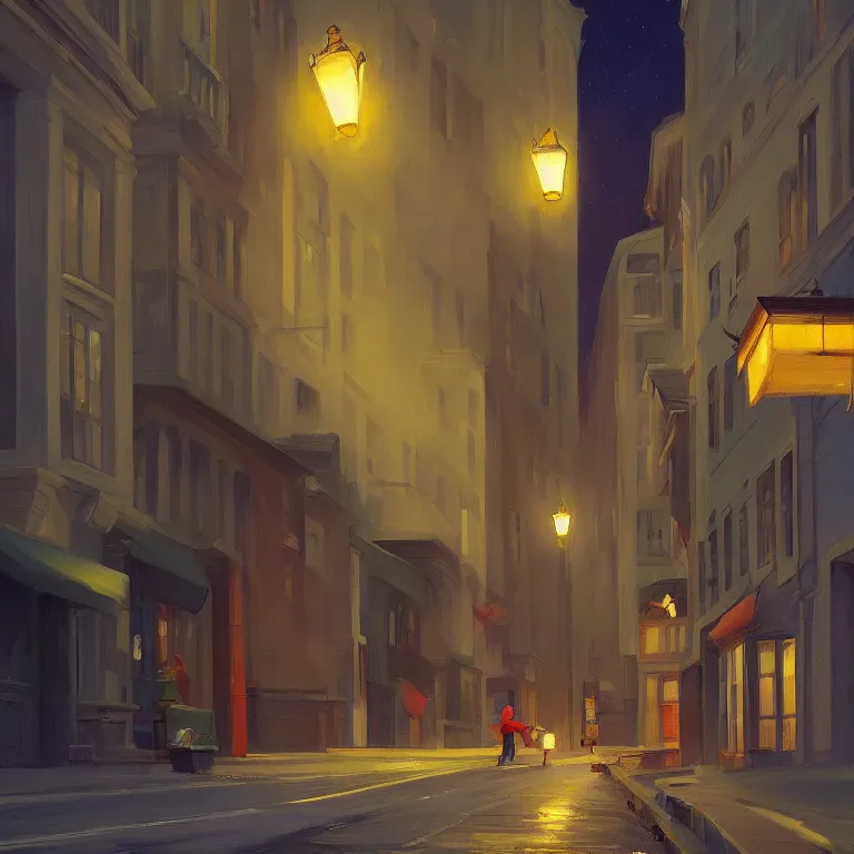 Image similar to a storybook illustration of a trash flying through empty street at night, fireflies, quiet night scene painted by Edward Hopper masterpiece, intricate, elegant, fantasy, highly detailed, digital painting, concept art, sharp focus, artstation