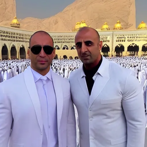 Prompt: Dwane Johnson and Vin Disel doing hajj in Mecca