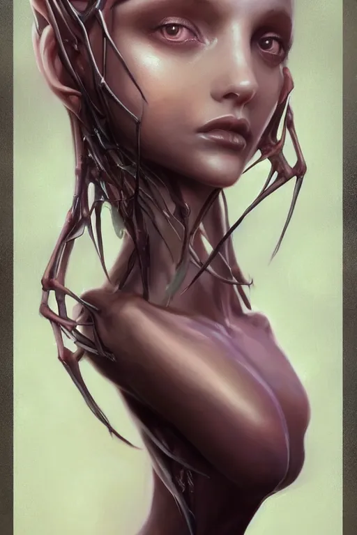 Image similar to portrait of an elegant alien spider queen, long legs, many legs, spindly legs, full body character concept art, by artgerm, tom bagshaw, gerald brom, vaporwave colors, lo - fi colors, vaporwave, lo - fi, moody vibe, goth vibe, 4 k, hd,