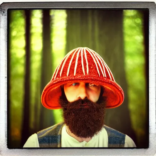 Image similar to symmetrical mushroom wizard beard, in a forest in twilight, 70s, polaroid, DOF, grain, kaleidoscope