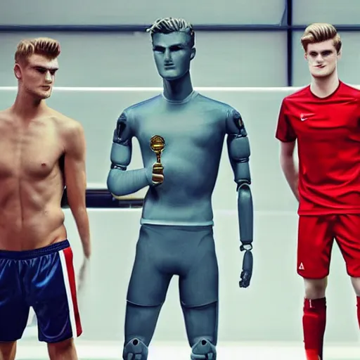 Image similar to a realistic detailed photo of a guy who is an attractive humanoid who is half robot and half humanoid, who is a male android, soccer players martin ødegaard & timo werner, shiny skin, posing like a statue, blank stare, in a factory, on display, showing off his muscles, gold soccer shorts, side view, looking at each other mindlessly