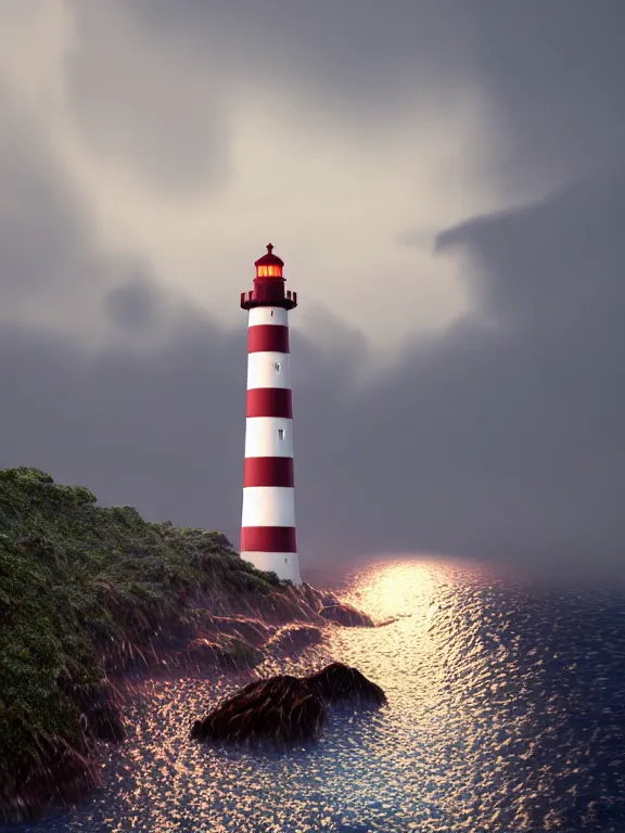 Prompt: photo of 8k ultra realistic lighthouse on island, heavy rain, night, light shining, heavy seas, full of colour, cinematic lighting, battered, trending on artstation, 4k, hyperrealistic, focused, extreme details,unreal engine 5, cinematic, masterpiece, art by studio ghibli