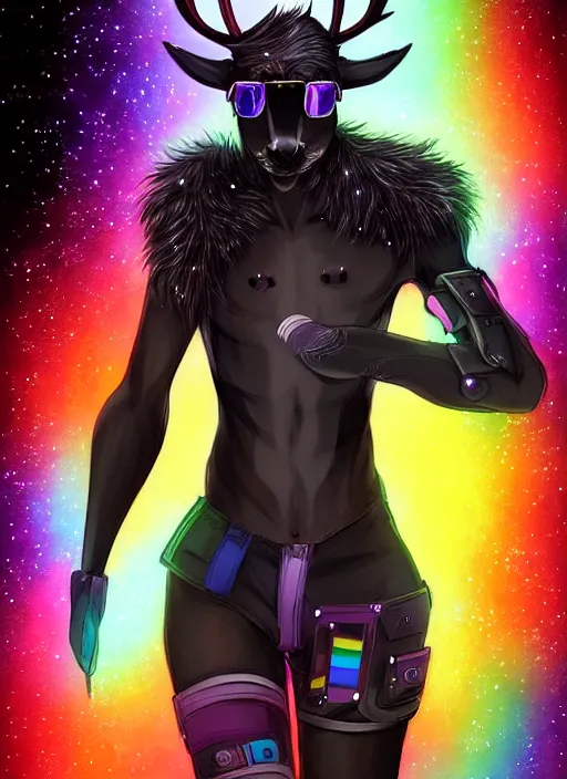 Image similar to award winning beautiful portrait commission of a male furry anthro Black Reindeer cyberpunk fursona with a tail, wings, wings, wings and a cute beautiful attractive detailed furry face wearing stylish black and rainbow galaxy clothes, outline, in a cyberpunk city at night while it rains. Character design by charlie bowater, ross tran, artgerm, and makoto shinkai, detailed, inked, western comic book art