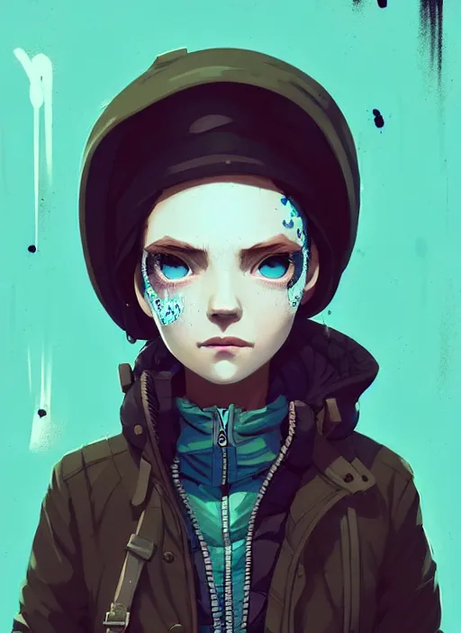 Prompt: highly detailed portrait of a sewer punk lady student, blue eyes, puffy jacket, white hair by atey ghailan, by greg rutkowski, by greg tocchini, by james gilleard, by joe fenton, by kaethe butcher, gradient blue, black, brown and cyan color scheme, grunge aesthetic!!! ( ( graffiti tag wall background ) )