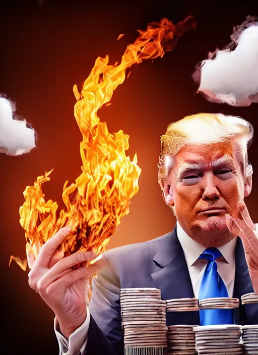 Image similar to a beautiful photo of donald trump burning his own money, intricate details, photography, volumetric light, 8 k