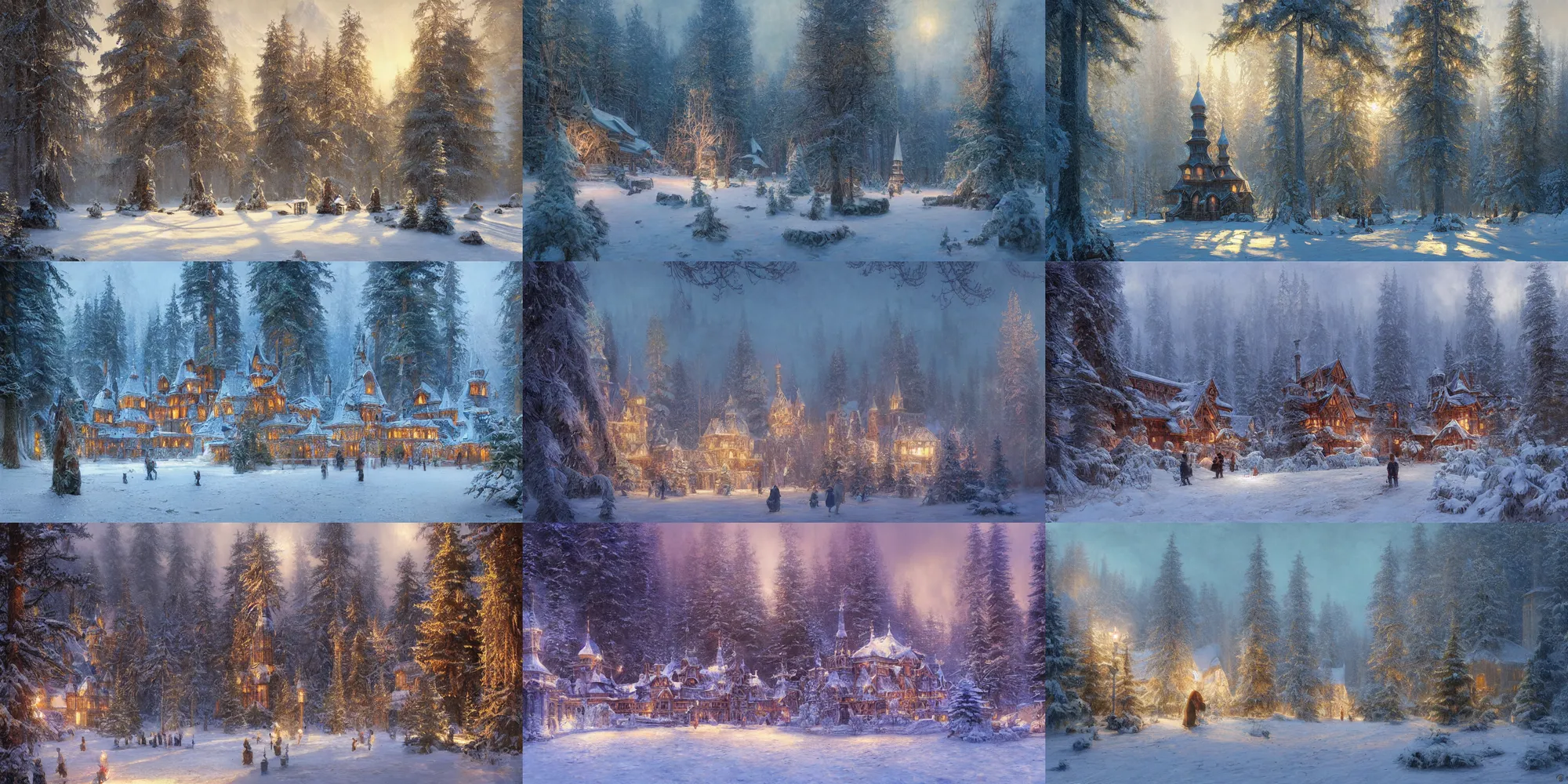 Prompt: school of magic near the lake in coniferous forest, winter, russian architecture, fantasy, highly detailed, intricate, volumetric lighting, pastel colors, digital paining, matte painting, art by finnian macmanus, thomas scholes, donato giancola