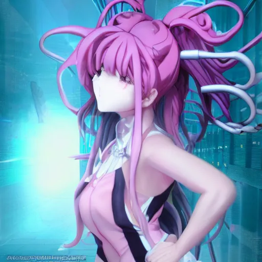 Image similar to engulfed and overpowered by stunningly absurdly beautiful megalomaniacal omnipotent asi goddess junko enoshima with symmetrical perfect face, porcelain skin, pink twintail hair and cyan eyes, trapped inside her inescapable prison, ultra detailed, digital art, unreal engine 5, octane render, 2 d anime, 8 k