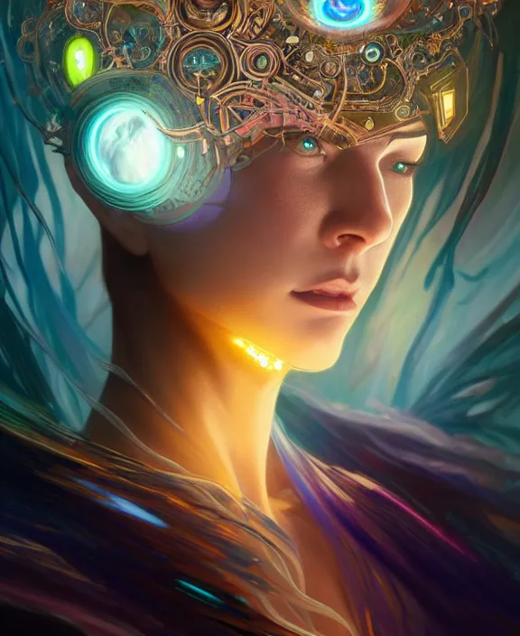 Prompt: a whirlwind of souls rushing inside the metaverse, half body, glowin eye, tiara with sapphire, pharaoh, android, cyborg, cyberpunk face, d & d, fantasy, intricate, elegant, highly detailed, colorful, vivid color, digital painting, artstation, concept art, art by artgerm and greg rutkowski and alphonse mucha and ruan jia